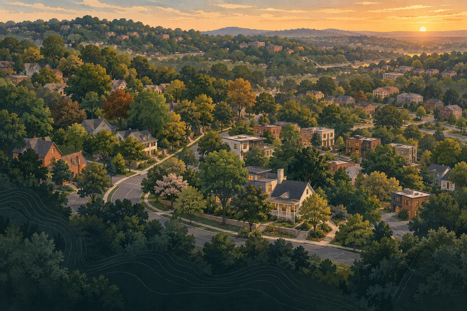 Illustrated tree-lined Atlanta neighborhoods and metro skyline