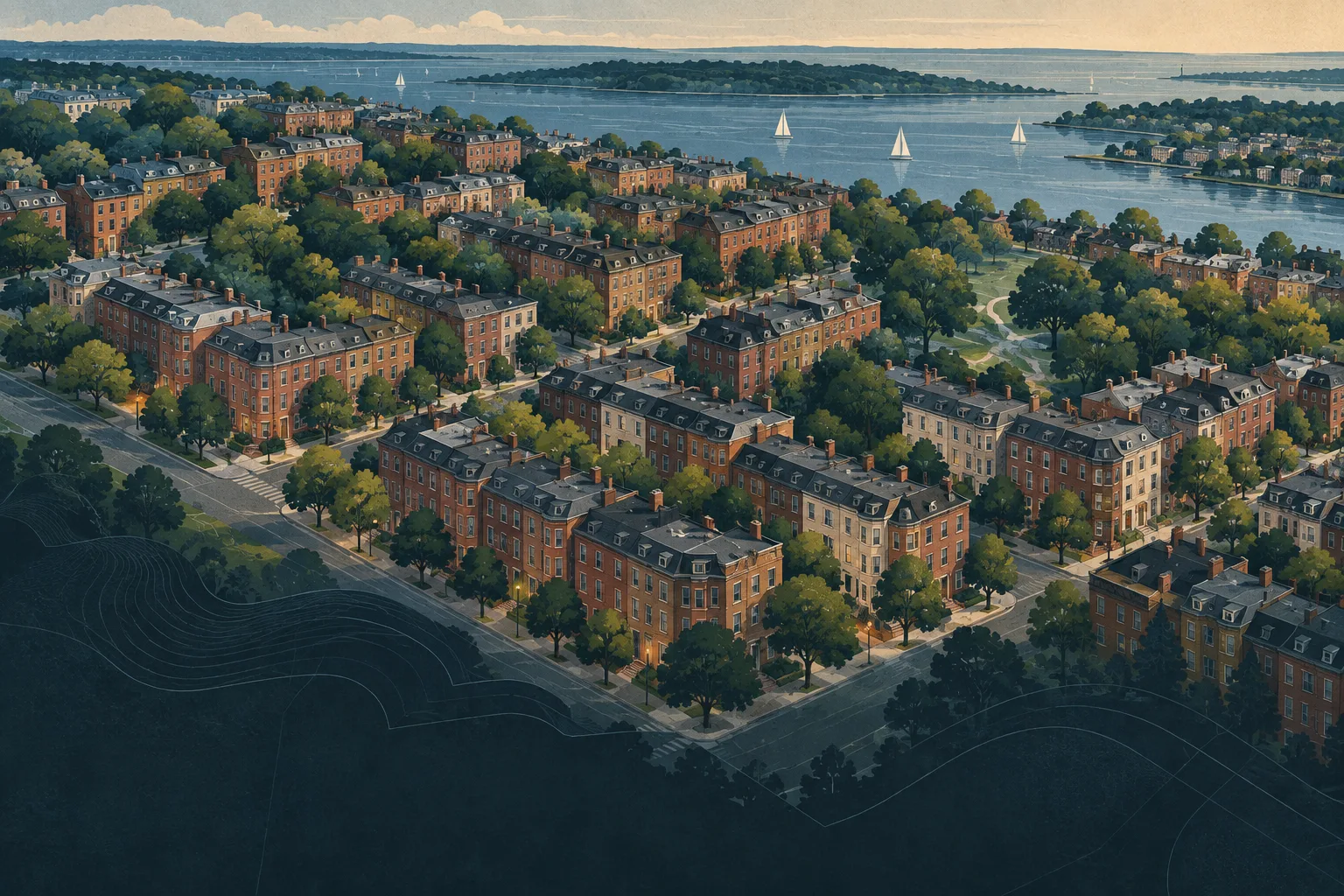 Illustrated Boston residential neighborhoods and harbor