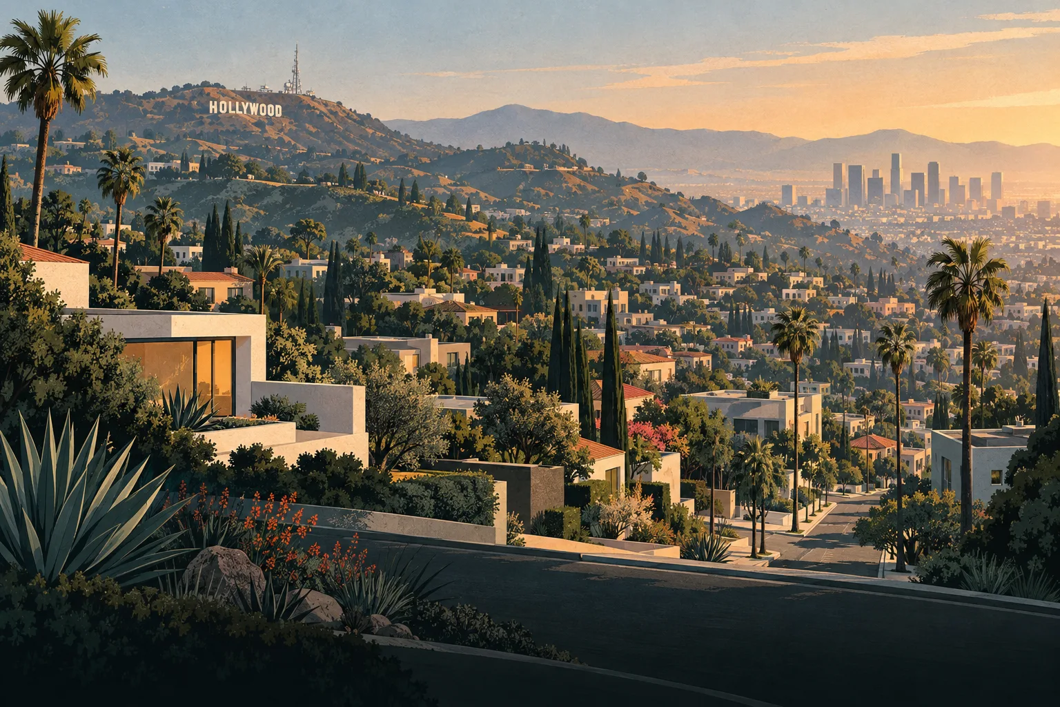 Illustrated Los Angeles hillside neighborhoods with the Hollywood sign and downtown skyline