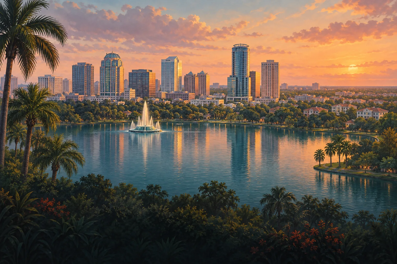Illustrated Orlando neighborhoods, Lake Eola fountain, and downtown skyline