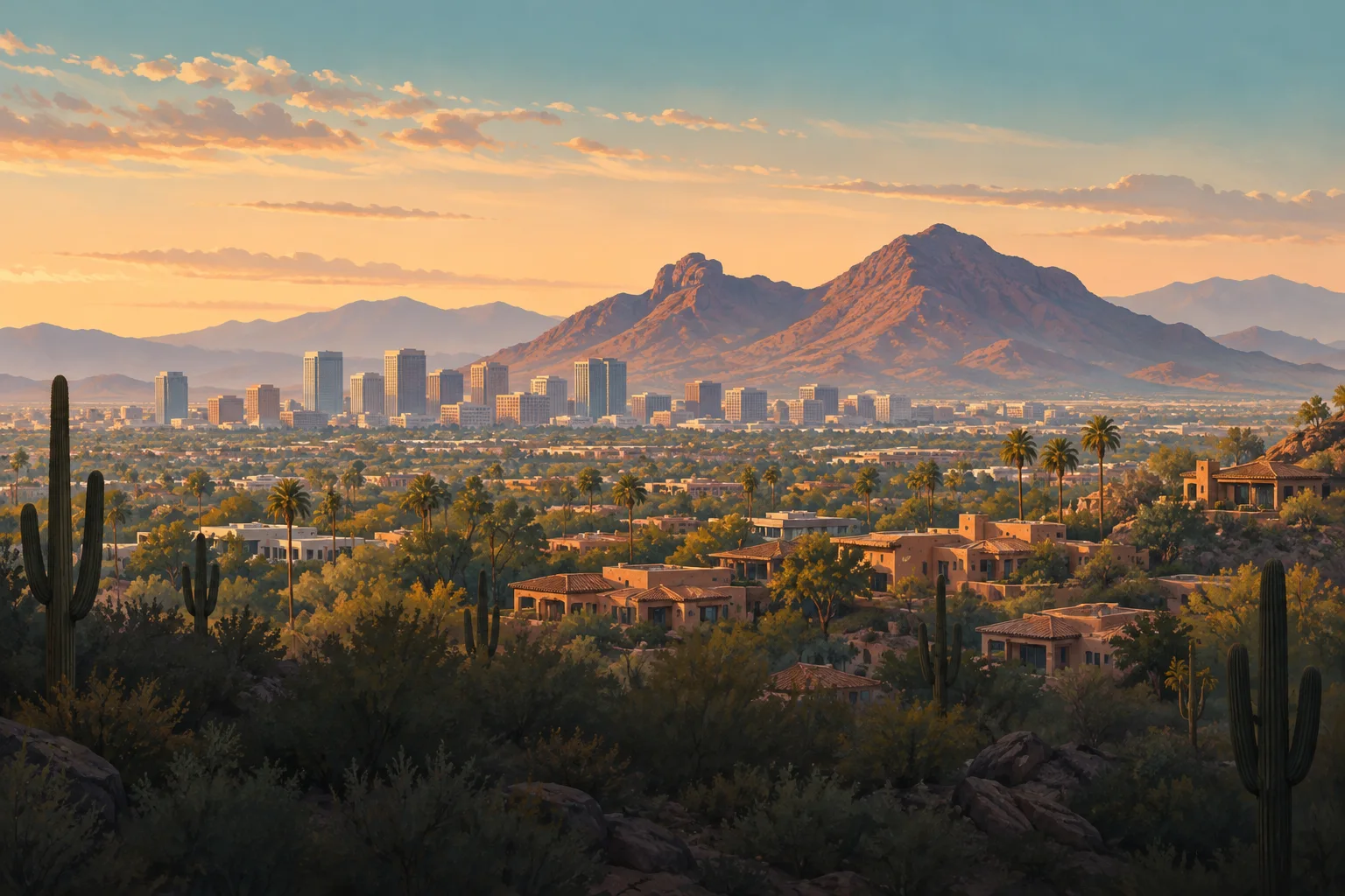 Illustrated Phoenix neighborhoods beneath Camelback Mountain in the Sonoran Desert